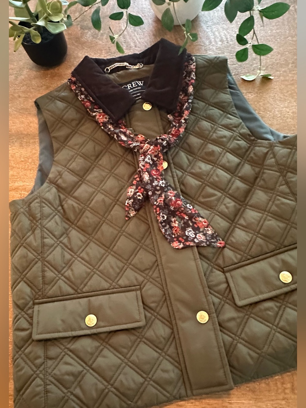 J. Crew Olive Quilted Vest with with chocolate brown corduroy collar .